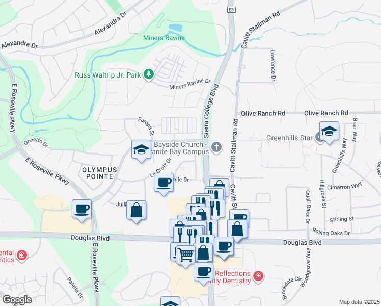 map of restaurants, bars, coffee shops, grocery stores, and more near 2571 Du Bois Drive in Roseville