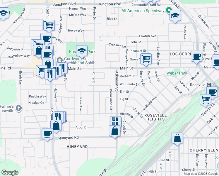 map of restaurants, bars, coffee shops, grocery stores, and more near 501 Brookwood Road in Roseville