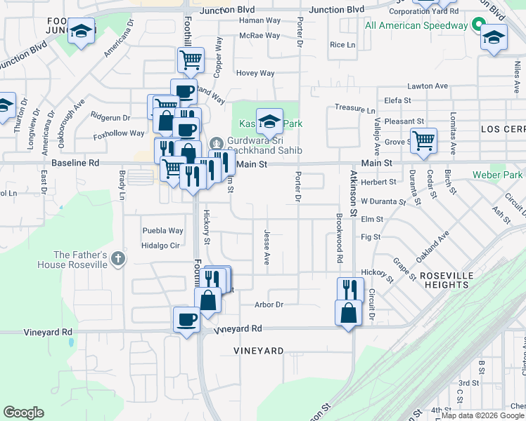 map of restaurants, bars, coffee shops, grocery stores, and more near 1312 Elm Street in Roseville