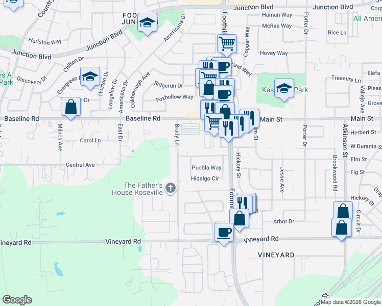 map of restaurants, bars, coffee shops, grocery stores, and more near 1352 Chignahuapan Way in Roseville