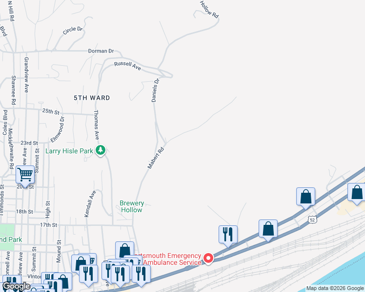 map of restaurants, bars, coffee shops, grocery stores, and more near 2274 Mabert Road in Portsmouth