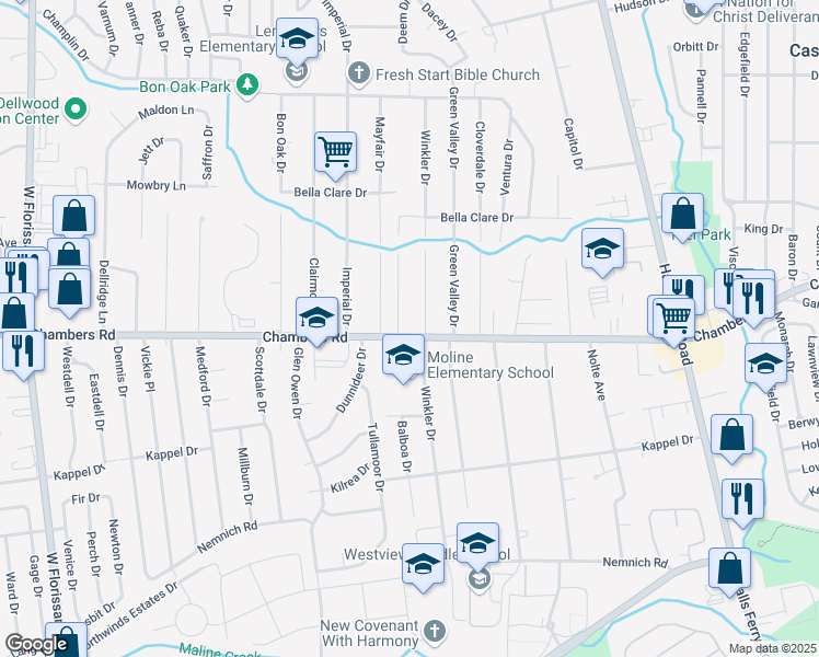map of restaurants, bars, coffee shops, grocery stores, and more near 1911 Chambers Road in St. Louis