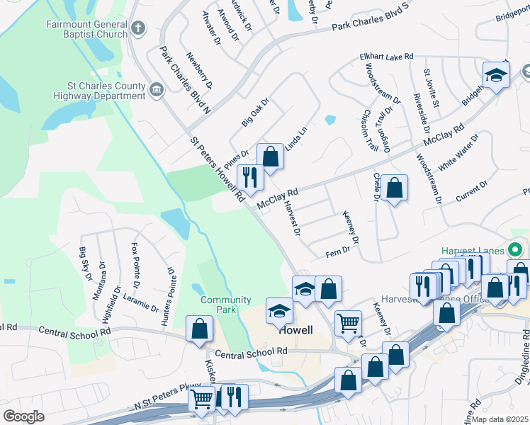 map of restaurants, bars, coffee shops, grocery stores, and more near 564 Saint Peters Howell Road in Saint Charles