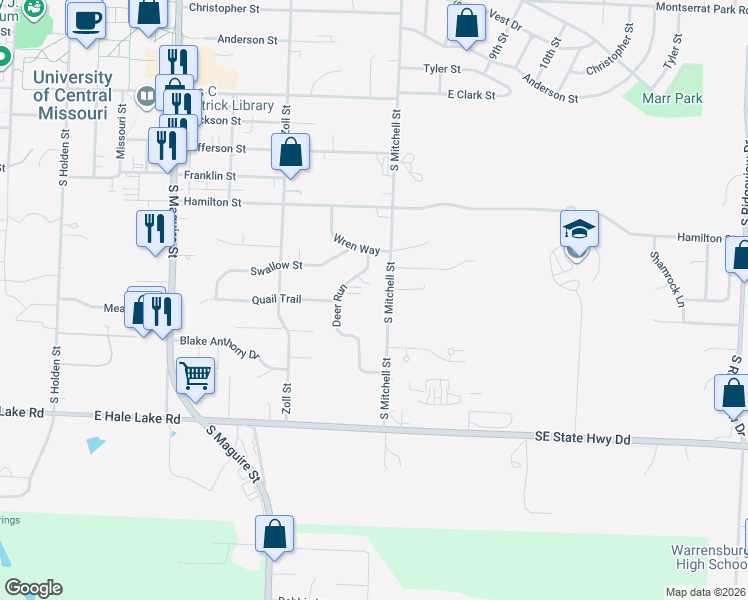 map of restaurants, bars, coffee shops, grocery stores, and more near 1004 South Mitchell Street in Warrensburg