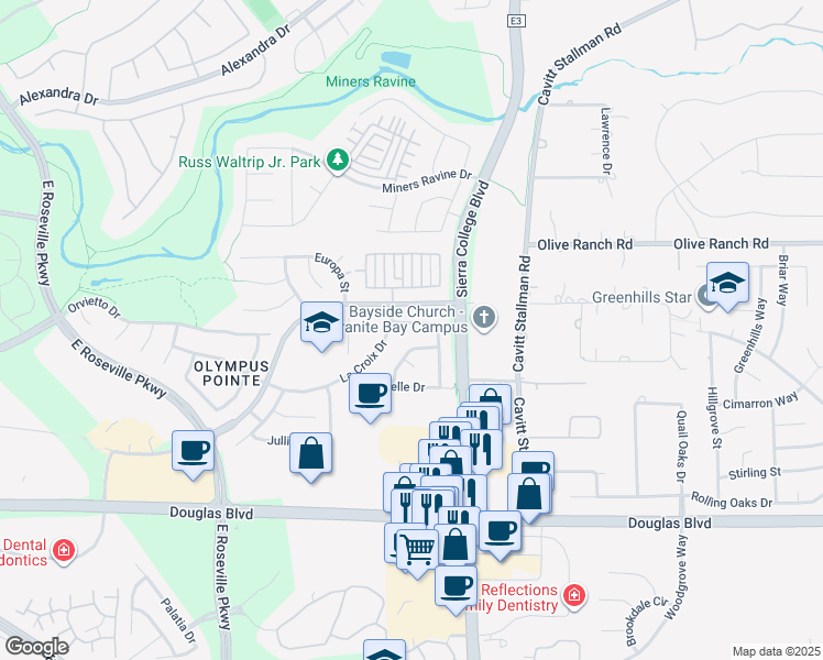 map of restaurants, bars, coffee shops, grocery stores, and more near 2571 Du Bois Drive in Roseville