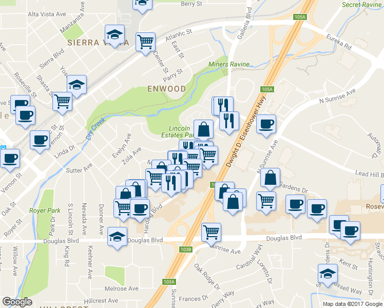 map of restaurants, bars, coffee shops, grocery stores, and more near 223 Mahan Court in Roseville