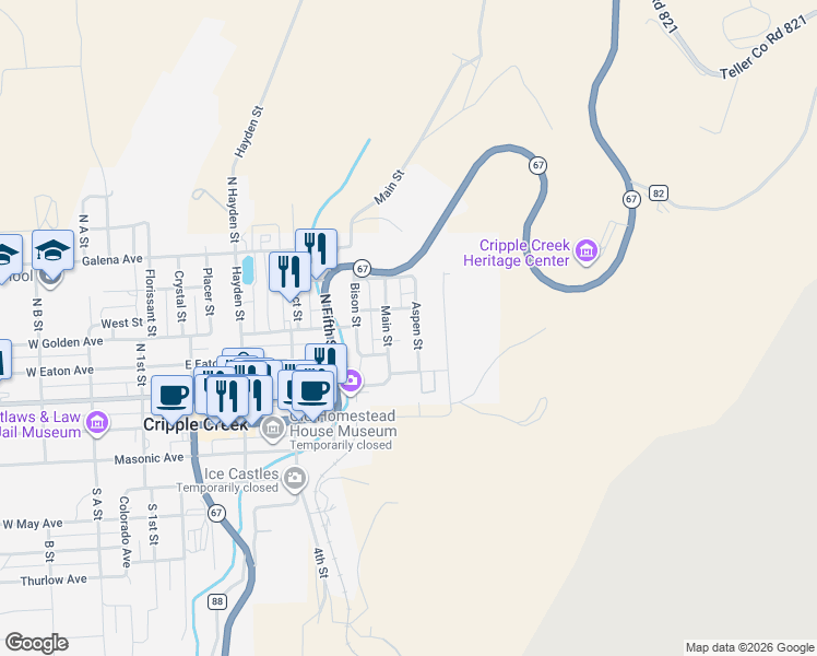 map of restaurants, bars, coffee shops, grocery stores, and more near 309 Aspen Street in Cripple Creek