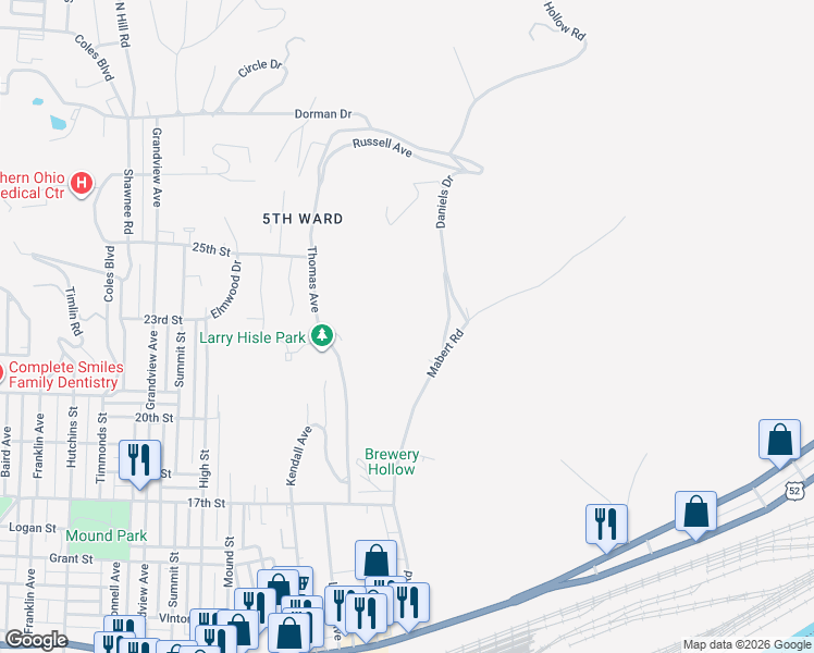 map of restaurants, bars, coffee shops, grocery stores, and more near 2219 Mabert Road in Portsmouth