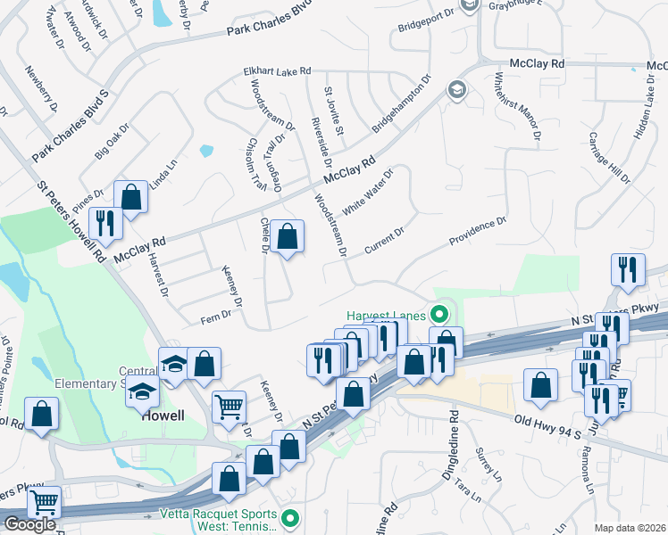 map of restaurants, bars, coffee shops, grocery stores, and more near 551 Woodstream Drive in Saint Charles