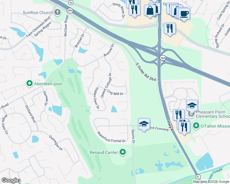 map of restaurants, bars, coffee shops, grocery stores, and more near 6925 Cog Mill Drive in O'Fallon