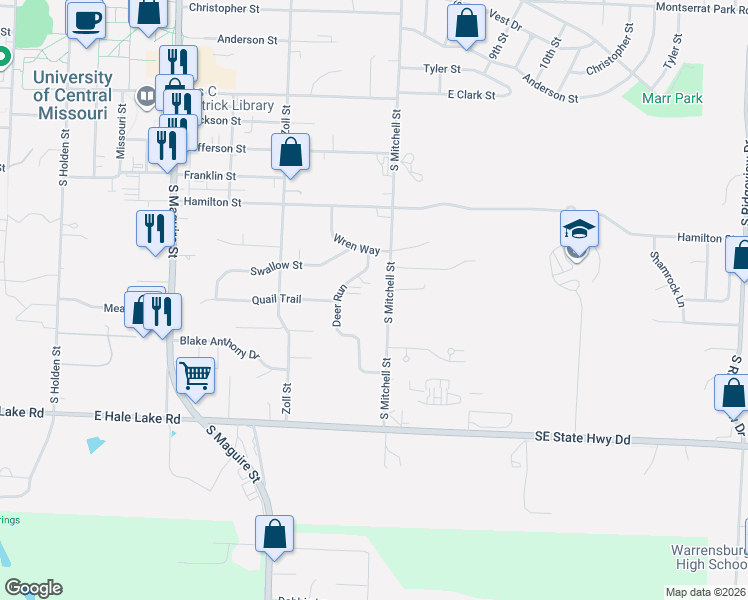map of restaurants, bars, coffee shops, grocery stores, and more near 1004 South Mitchell Street in Warrensburg