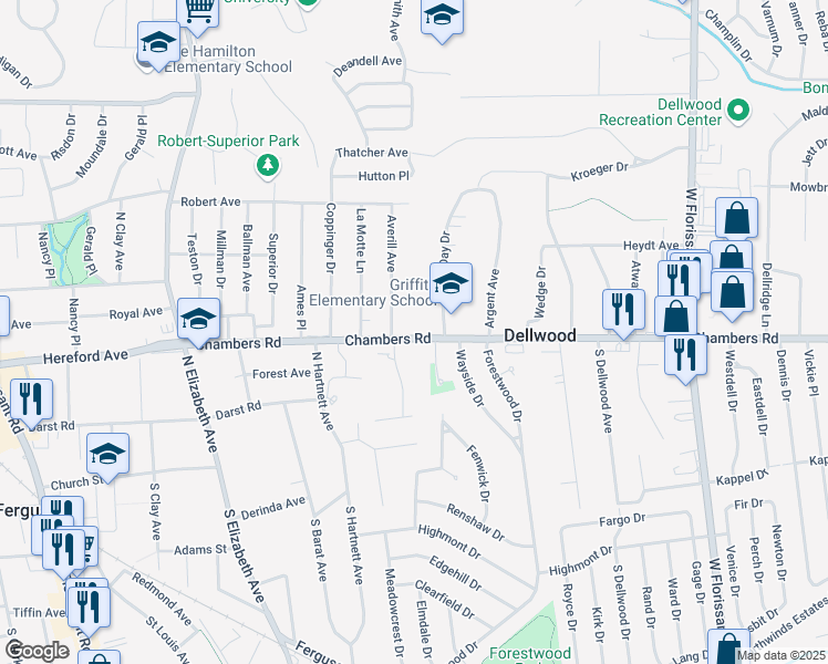 map of restaurants, bars, coffee shops, grocery stores, and more near 1007 Chambers Road in Ferguson