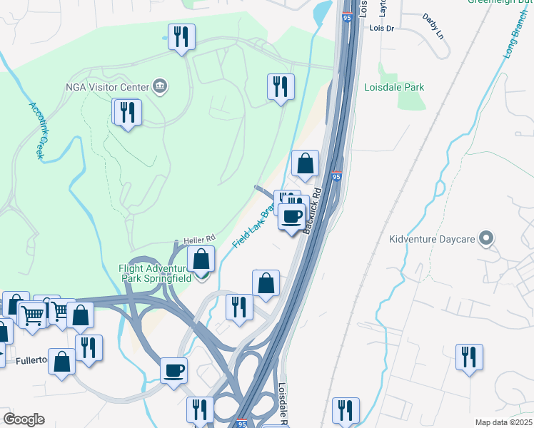 map of restaurants, bars, coffee shops, grocery stores, and more near 6551 Loisdale Court in Springfield