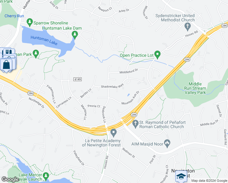 map of restaurants, bars, coffee shops, grocery stores, and more near 7594 Whisperwood Court in Springfield