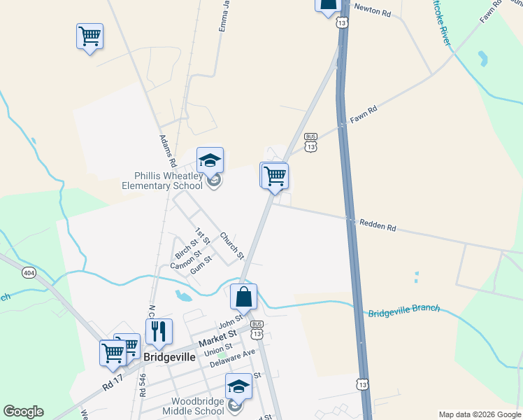 map of restaurants, bars, coffee shops, grocery stores, and more near 214 North Main Street in Bridgeville