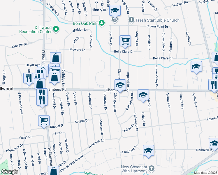 map of restaurants, bars, coffee shops, grocery stores, and more near 1799 Chambers Road in St. Louis