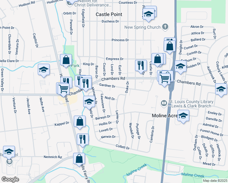 map of restaurants, bars, coffee shops, grocery stores, and more near 2344 Gardner Drive in St. Louis