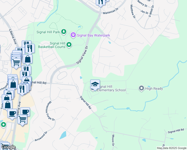 map of restaurants, bars, coffee shops, grocery stores, and more near 9400 Signal Station Drive in Manassas