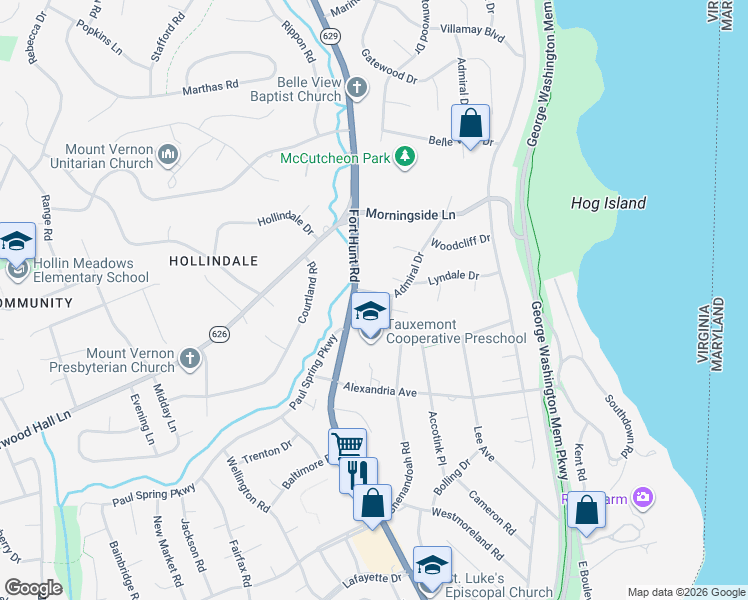 map of restaurants, bars, coffee shops, grocery stores, and more near 7621 Admiral Drive in Alexandria