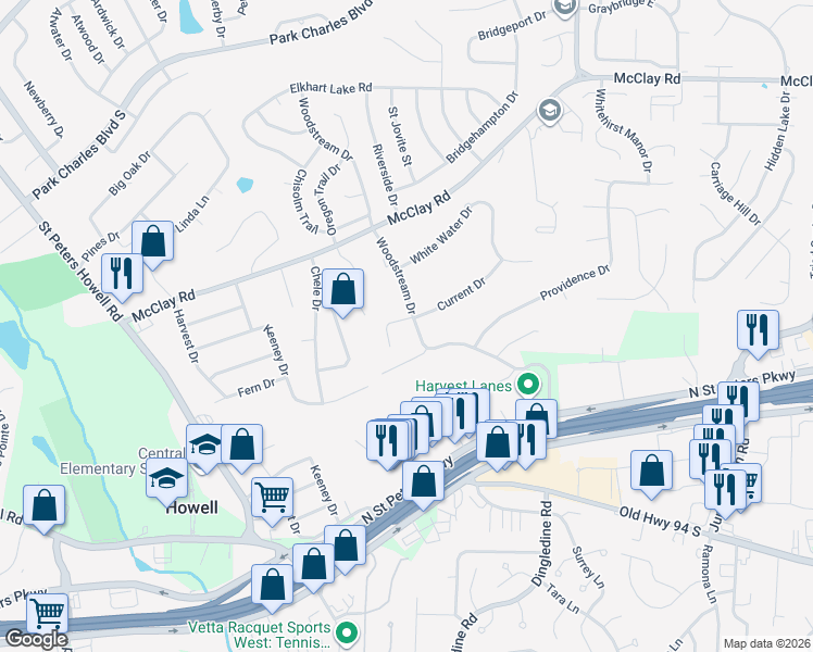 map of restaurants, bars, coffee shops, grocery stores, and more near 551 Woodstream Drive in Saint Charles