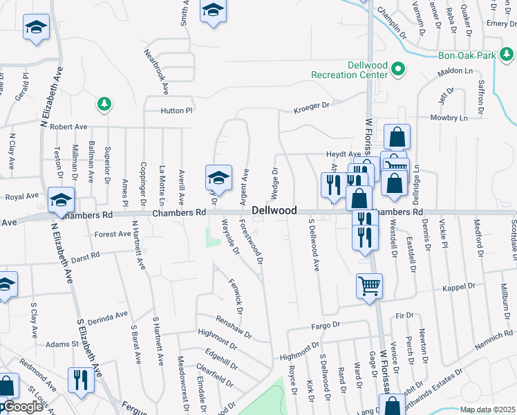 map of restaurants, bars, coffee shops, grocery stores, and more near 1213 Chambers Road in Ferguson