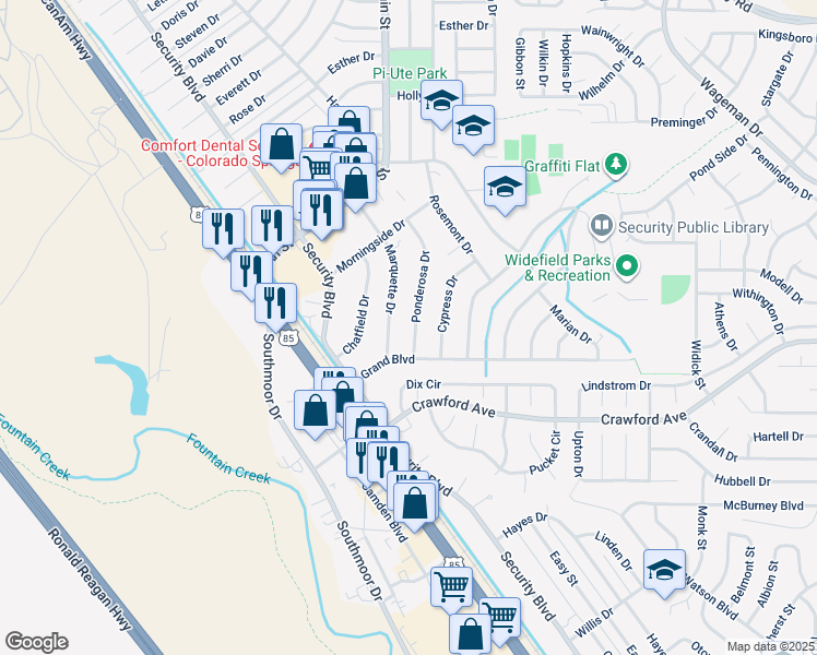 map of restaurants, bars, coffee shops, grocery stores, and more near 430 Ponderosa Drive in Colorado Springs