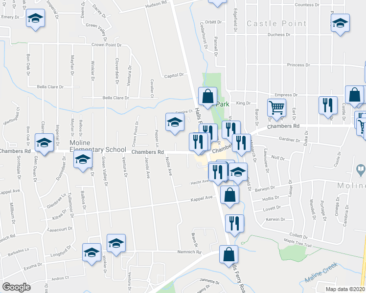 map of restaurants, bars, coffee shops, grocery stores, and more near 2123 Chambers Road in Saint Louis