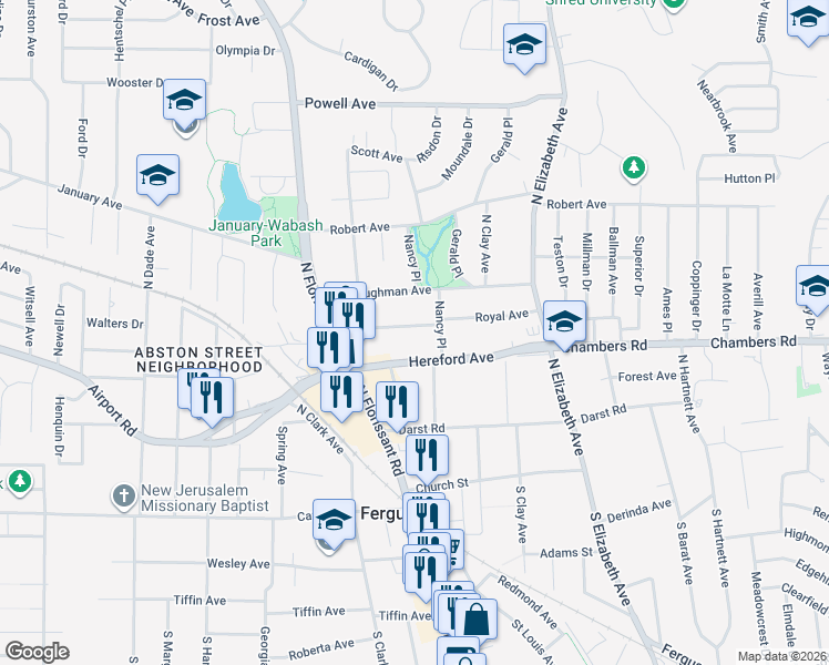 map of restaurants, bars, coffee shops, grocery stores, and more near 130 Royal Avenue in Ferguson