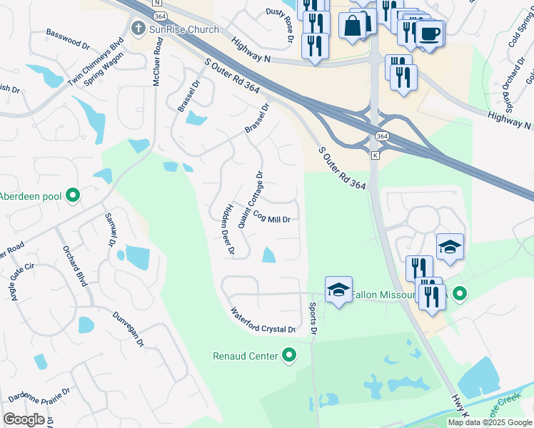 map of restaurants, bars, coffee shops, grocery stores, and more near 6925 Cog Mill Drive in O'Fallon