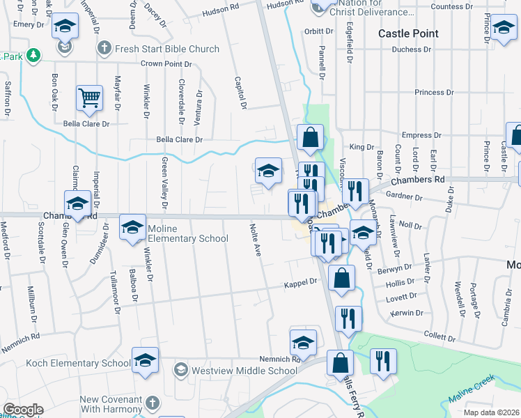 map of restaurants, bars, coffee shops, grocery stores, and more near 2111 Chambers Road in St. Louis