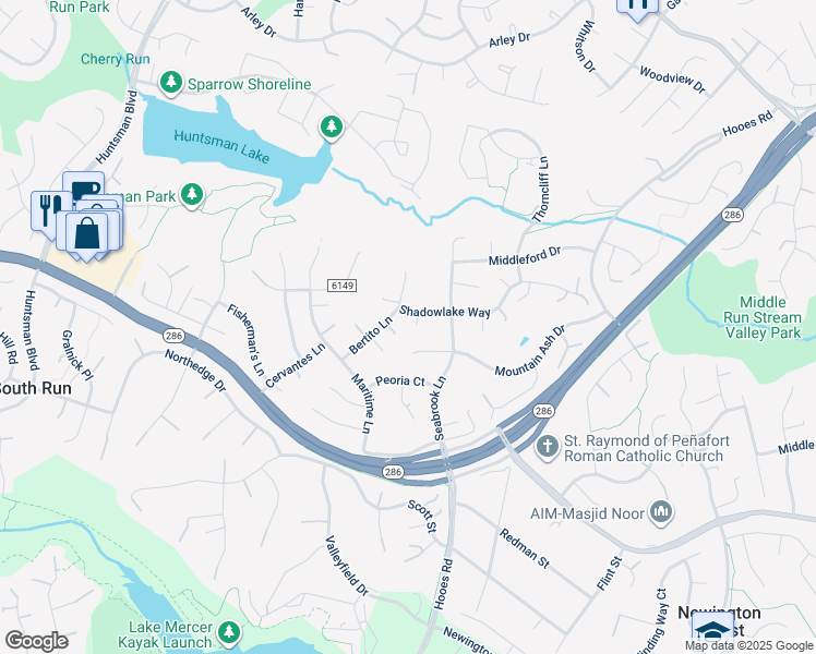 map of restaurants, bars, coffee shops, grocery stores, and more near 8997 Shadowlake Way in Springfield