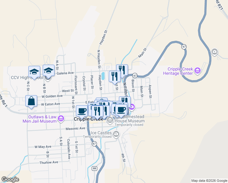 map of restaurants, bars, coffee shops, grocery stores, and more near 406 Golden Cycle Circle in Cripple Creek