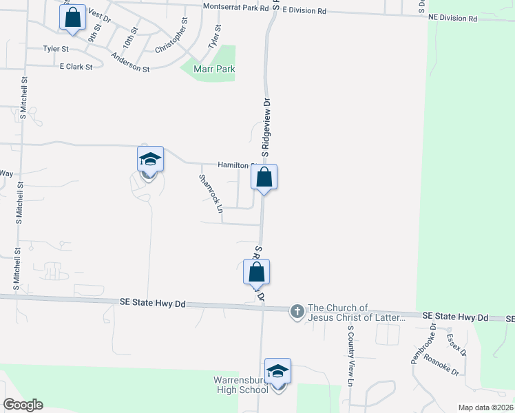 map of restaurants, bars, coffee shops, grocery stores, and more near 1414 Rockford Drive in Warrensburg