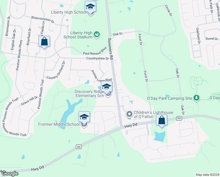map of restaurants, bars, coffee shops, grocery stores, and more near 2501 Sommers Road in O'Fallon