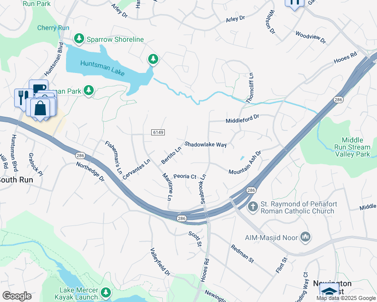map of restaurants, bars, coffee shops, grocery stores, and more near 8997 Shadowlake Way in Springfield