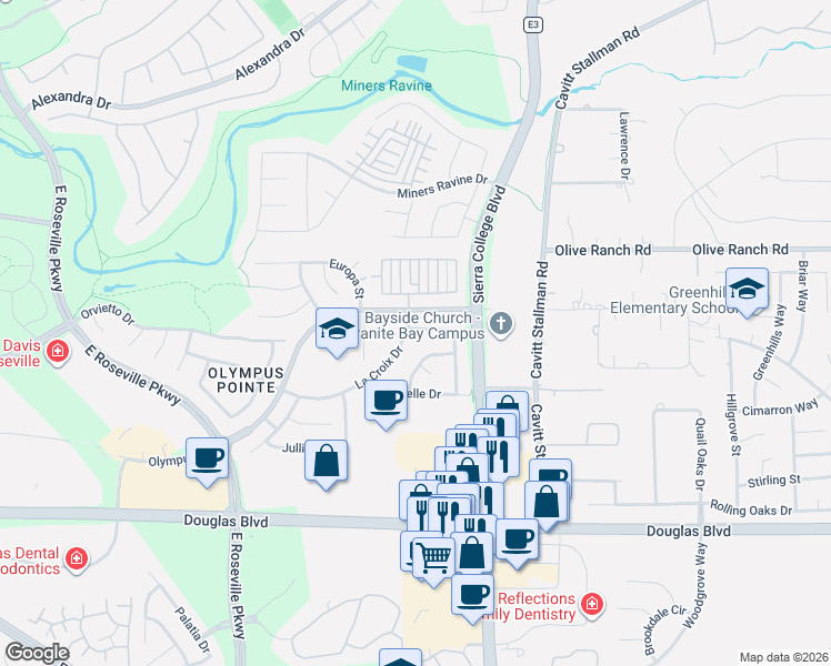 map of restaurants, bars, coffee shops, grocery stores, and more near 2571 Du Bois Drive in Roseville