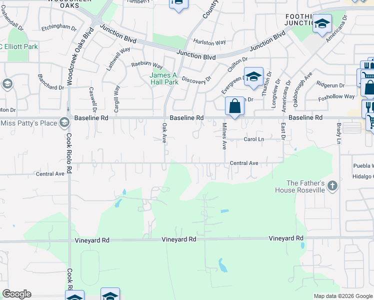 map of restaurants, bars, coffee shops, grocery stores, and more near 8151 Oak Avenue in Roseville