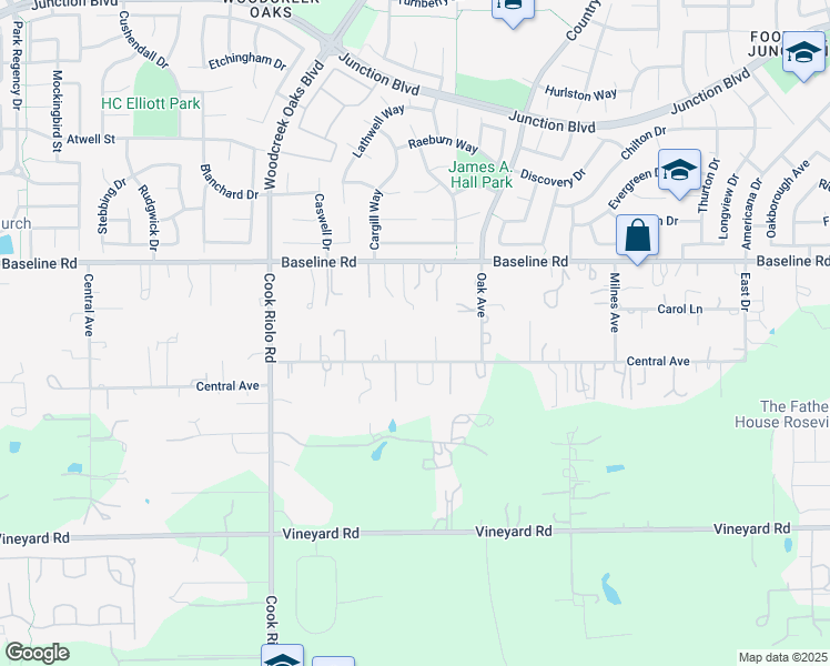 map of restaurants, bars, coffee shops, grocery stores, and more near 2740 Central Avenue in Roseville