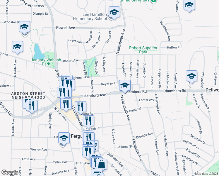 map of restaurants, bars, coffee shops, grocery stores, and more near in Ferguson
