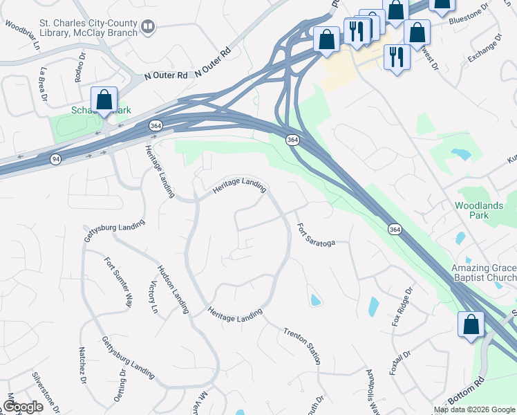 map of restaurants, bars, coffee shops, grocery stores, and more near 2654 Hampton Road in Saint Charles