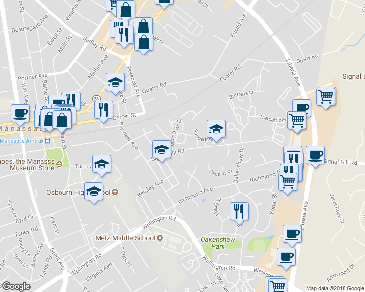 map of restaurants, bars, coffee shops, grocery stores, and more near 8785 Deblanc Place in Manassas