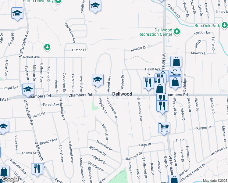 map of restaurants, bars, coffee shops, grocery stores, and more near 1213 Chambers Road in Ferguson