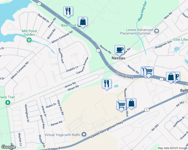 map of restaurants, bars, coffee shops, grocery stores, and more near Janice Road in Lewes