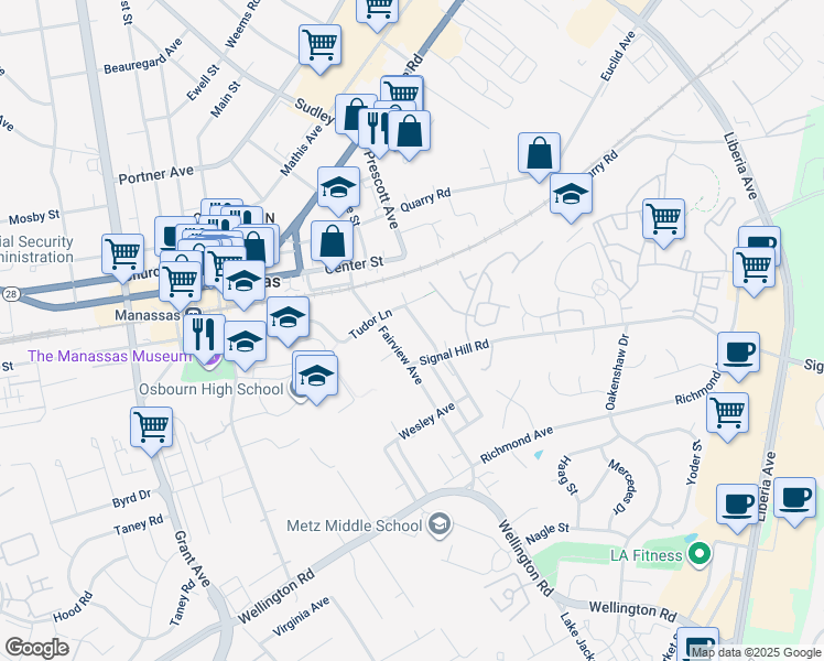 map of restaurants, bars, coffee shops, grocery stores, and more near 9504 Windsor Avenue in Manassas