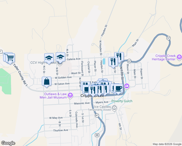 map of restaurants, bars, coffee shops, grocery stores, and more near 319 North 2nd Street in Cripple Creek