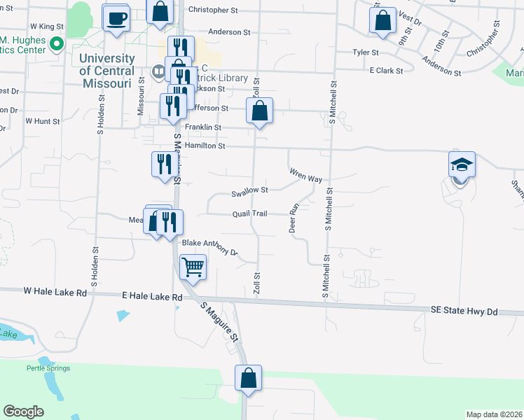 map of restaurants, bars, coffee shops, grocery stores, and more near 506 Quail Trail in Warrensburg