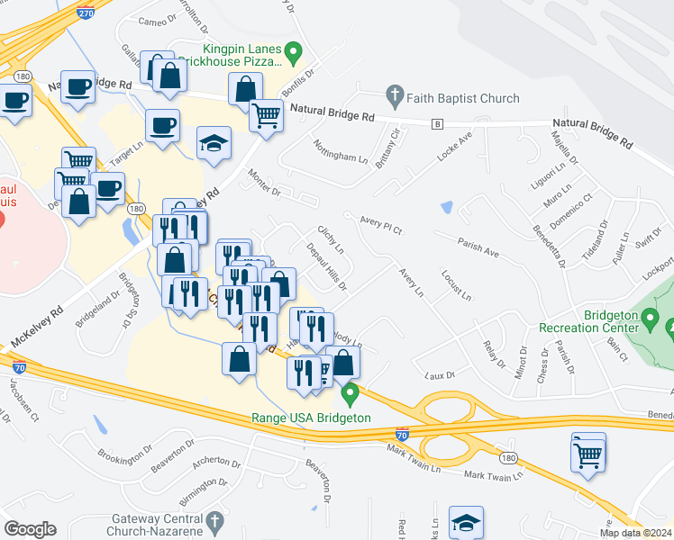map of restaurants, bars, coffee shops, grocery stores, and more near 12024 Depaul Hills Drive in Bridgeton
