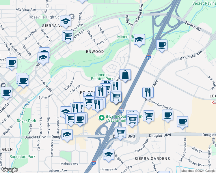map of restaurants, bars, coffee shops, grocery stores, and more near 223 Mahan Court in Roseville