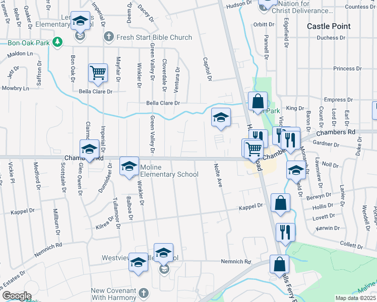 map of restaurants, bars, coffee shops, grocery stores, and more near in St. Louis County