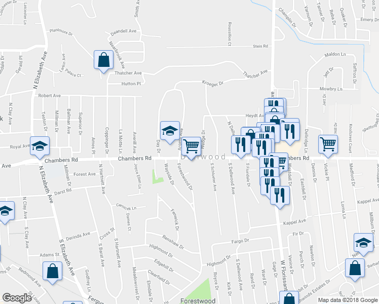 map of restaurants, bars, coffee shops, grocery stores, and more near 1213 Chambers Road in Ferguson